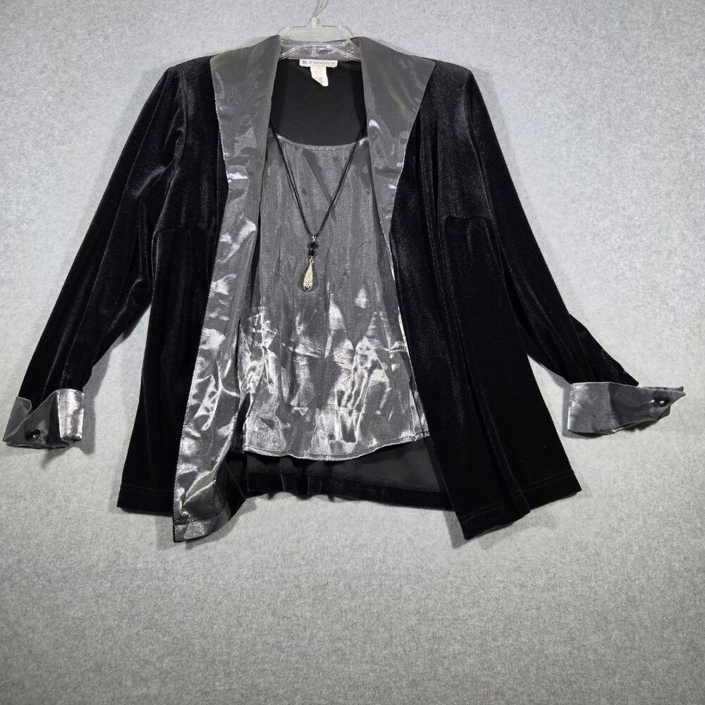 Dressbarn Woman 18 Black Velvet Silver 2fer Twinset Jacket Top Necklace Formal